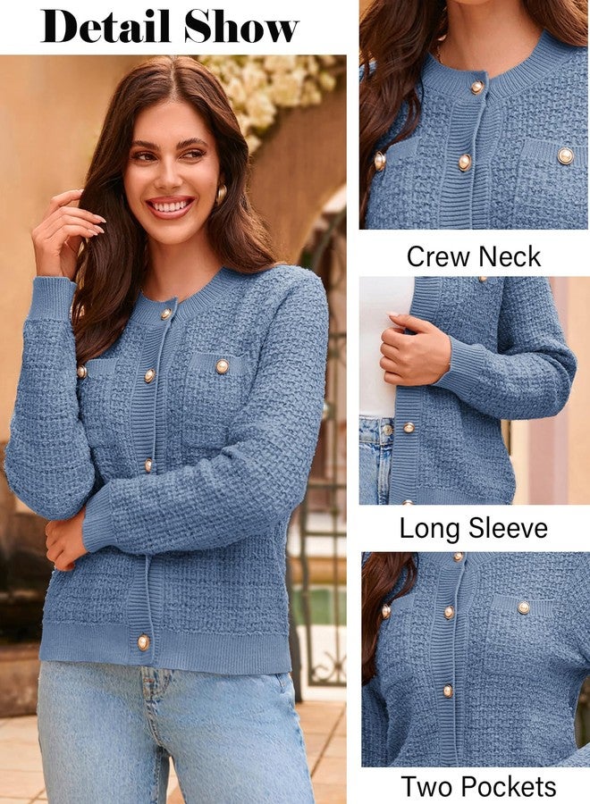 GRACE KARIN Women's Long Sleeve Cardigans Open Front Button Down Sweaters Outerwear Tweed Knit Cute Lady Jacket 2025 Light Blue - Image 2